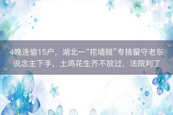 4晚连偷15户，湖北一“挖墙贼”专挑留守老东说念主下手，土鸡花生齐不放过，法院判了