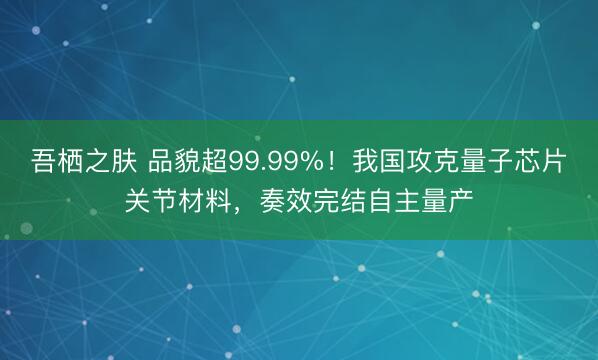 吾栖之肤 品貌超99.99%！我国攻克量子芯片关节材料，奏效完结自主量产